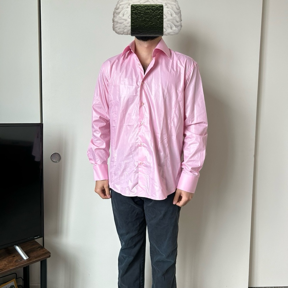Shiny pink button down! My dad’s old wardrobe is all for sale.